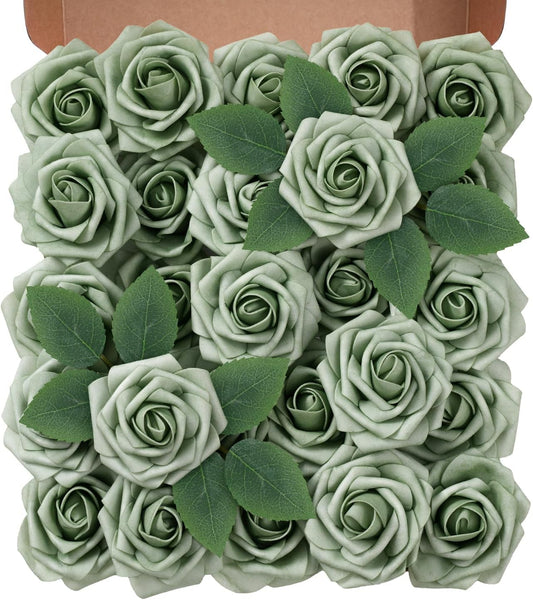 Artificial Flowers Foam Fake Roses 25pcs Green Roses with Stems for Home Decor DIY Wedding Bouquets Party Bridal Shower Centerpieces Faux Flower Arrangements Tables Decorations