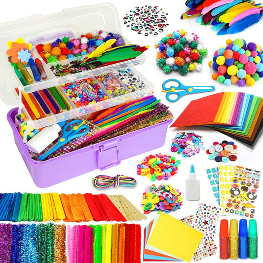 FUNZBO Arts and Crafts Supplies for Kids - Crafts Kits with Pipe Cleaners, Construction Paper, Pom poms, Googly Eyes, Crafts for Kids Ages 4-8, School Craft Projects,4 6 8 Birathday Gifts for Girls