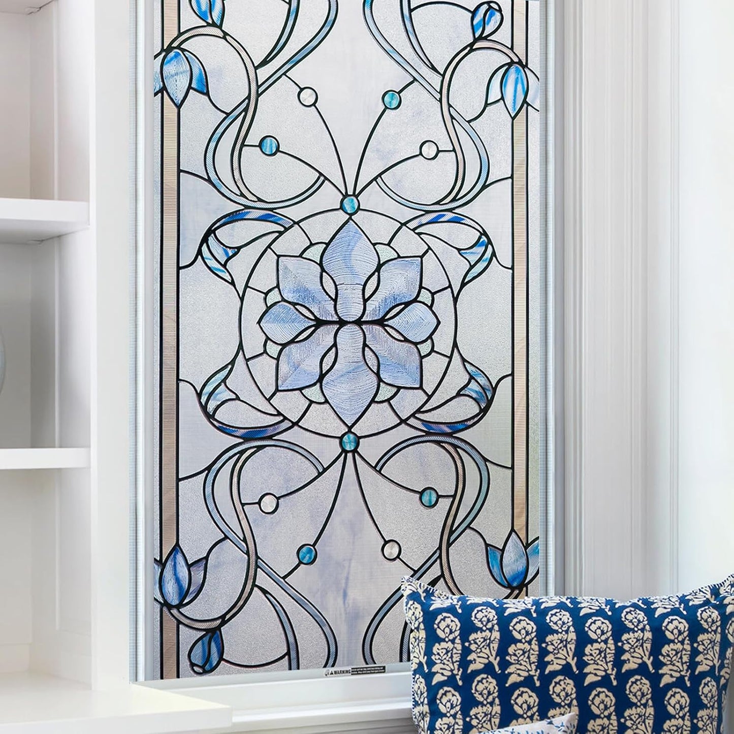 3D Stained Glass Window Privacy Film, Heat Control UV Blocking Static Cling Decorative Window Film for Bathroom,Front Door,Home Non Adhesive,23.6 x 35.4 inches Azure Bloom