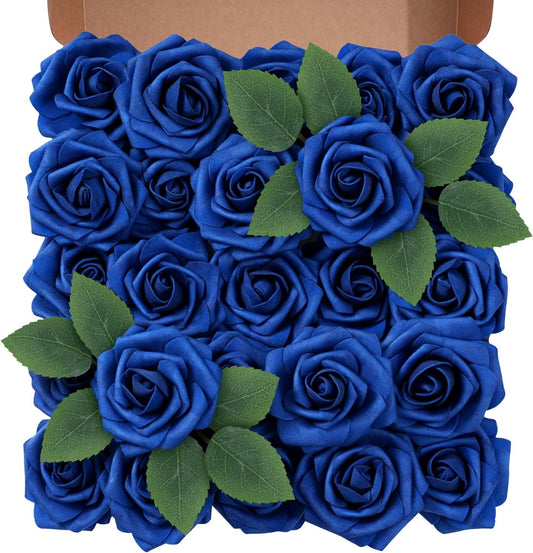 Artificial Flowers Foam Fake Roses 25pcs Royal Blue Roses with Stems for Home Decor DIY Wedding Bouquets Party Bridal Shower Centerpieces Faux Flower Arrangements Tables