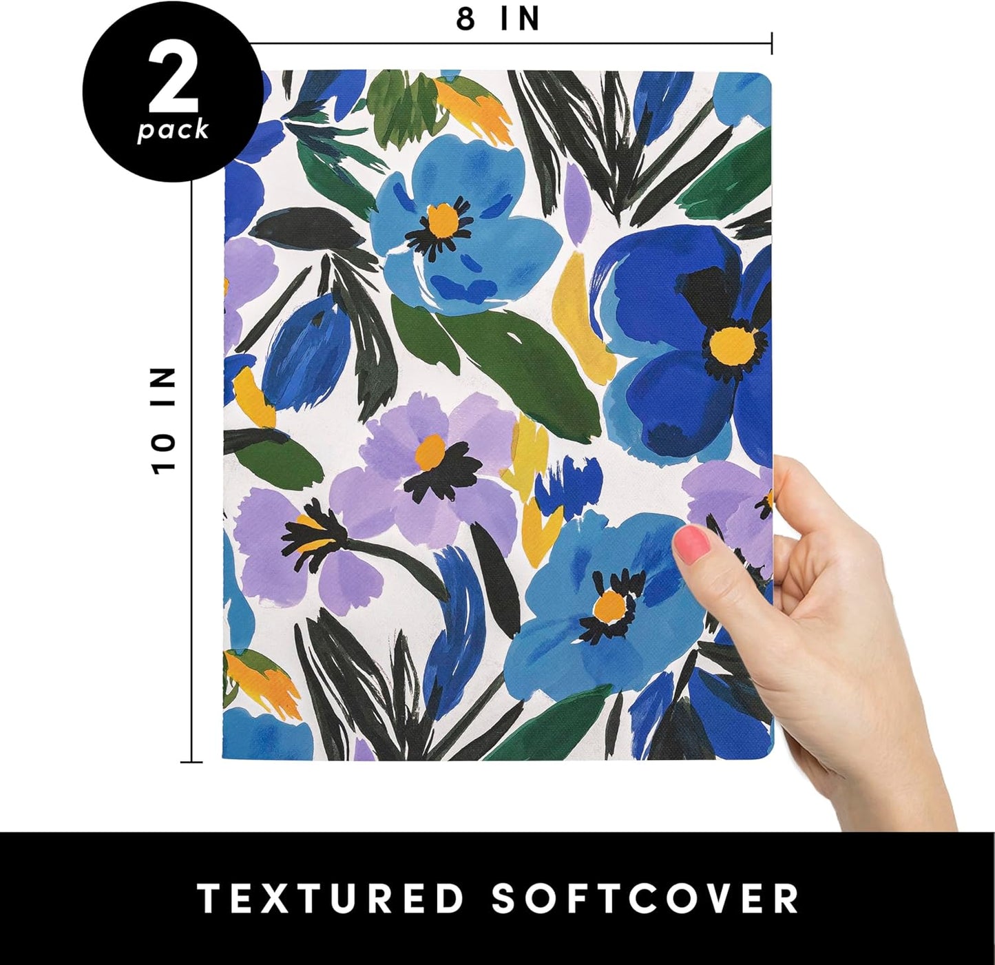 PAPERAGE Soft Cover Lined Journal Notebook, 2 Pack, (Blue Pansies), 100 Pages, Large 7.5 inches x 9.5 inches, College Ruled, Ideal for Note Taking & Travel Journal