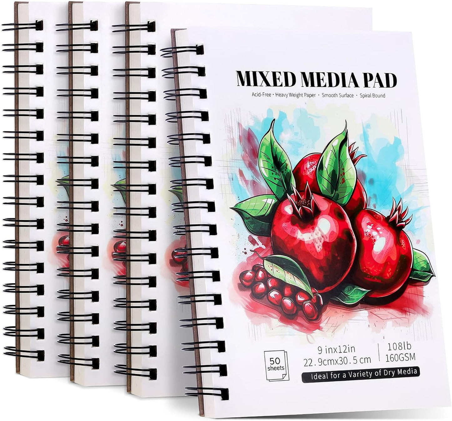 4 Pack Mixed Media Sketchbook, 9x12 inches Drawing Paper Sketch Book, 98lb/160gsm Heavyweight Spiral Bound Sketch Pads, Suitable for Wet and Dry Media, Drawing, Painting, Sketching(200 Sheets)