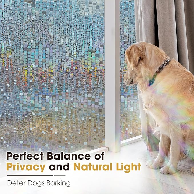 Windimiley Rainbow Window Privacy Film, 3D Stained Glass Christmas Decorative Window Clings, UV Heat Blocking Holographic Prism Stickers for Home (23.6 x 78.5In,Brown)