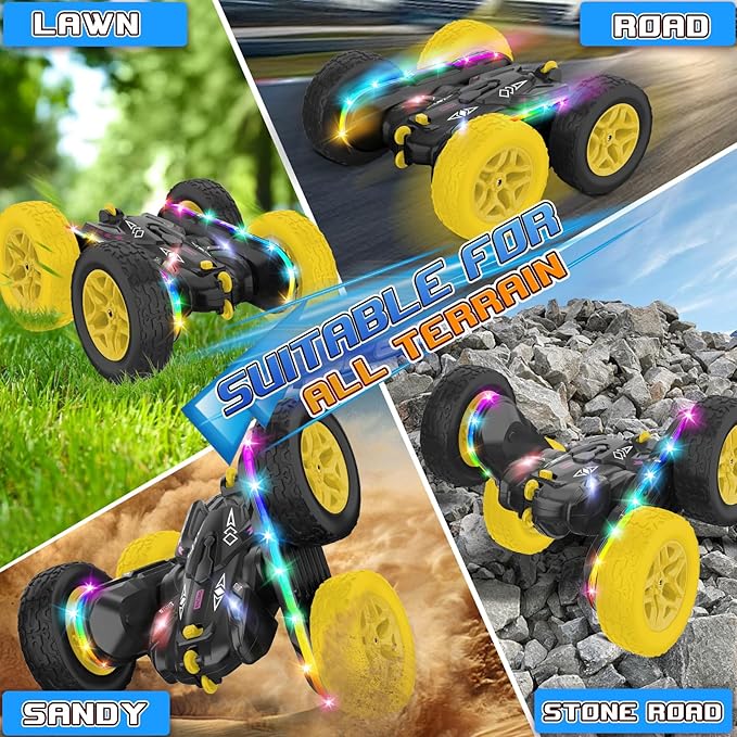 Remote Control Car,RC Cars with Sides Light Strip and Headlights,Double Sided 360 Flips Rotating RC Stunt Car,2.4Ghz All Terrain Toys for Ages 4-8 Kids Toy for Boys Birthday Gift(Black)