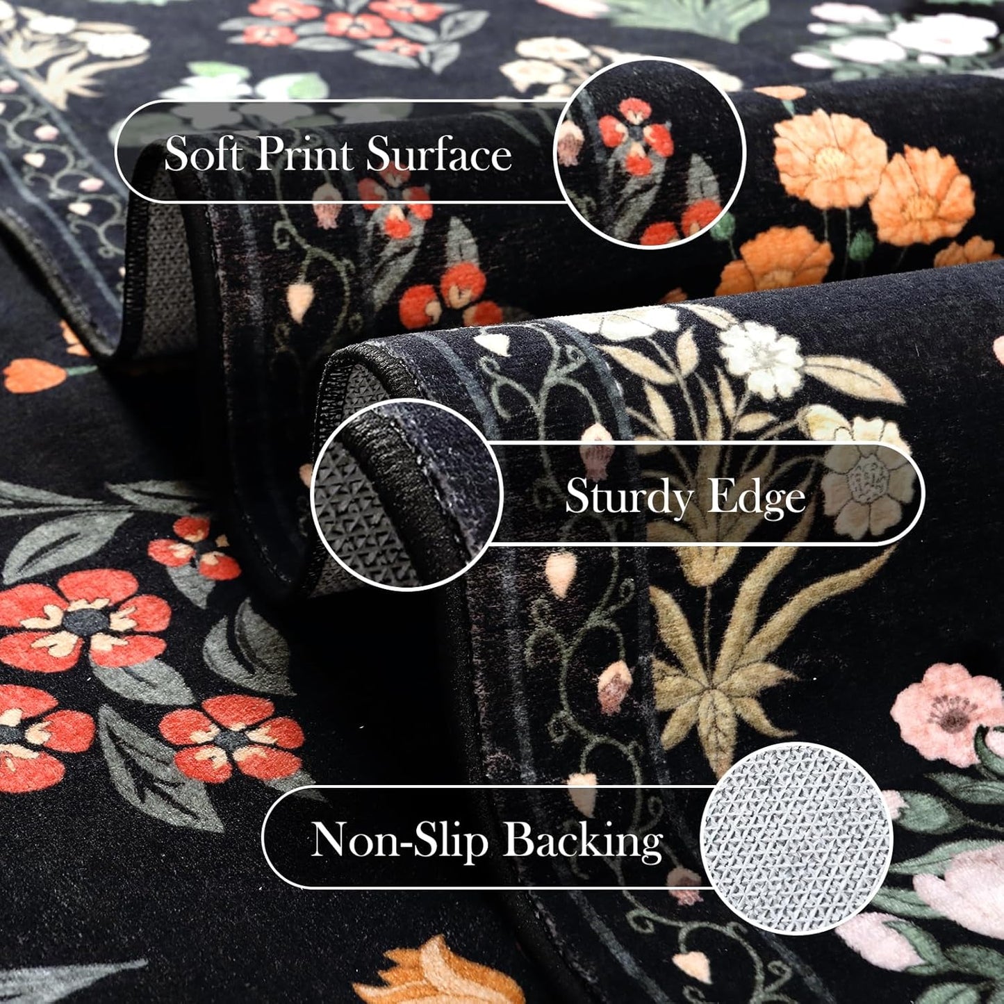 Wonnitar Floral Print 8x10 Washable Rug, Non Slip Black Dining Room Rug, Moroccan Large Stain Resistant Low Pile Indoor Carpet for Bedroom Playroom Home Decor, Black/Multi