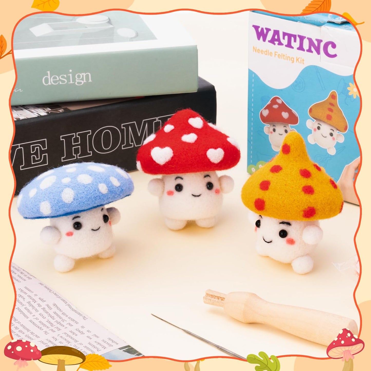 WATINC Needle Felting Kit - 3 Set Unique Different Cute Doll Wool Felt Needle Tools Foam Pad Instruction, DIY Home Decoration Craft Party Supplies for Art Work Starter Beginners (Mushroom)