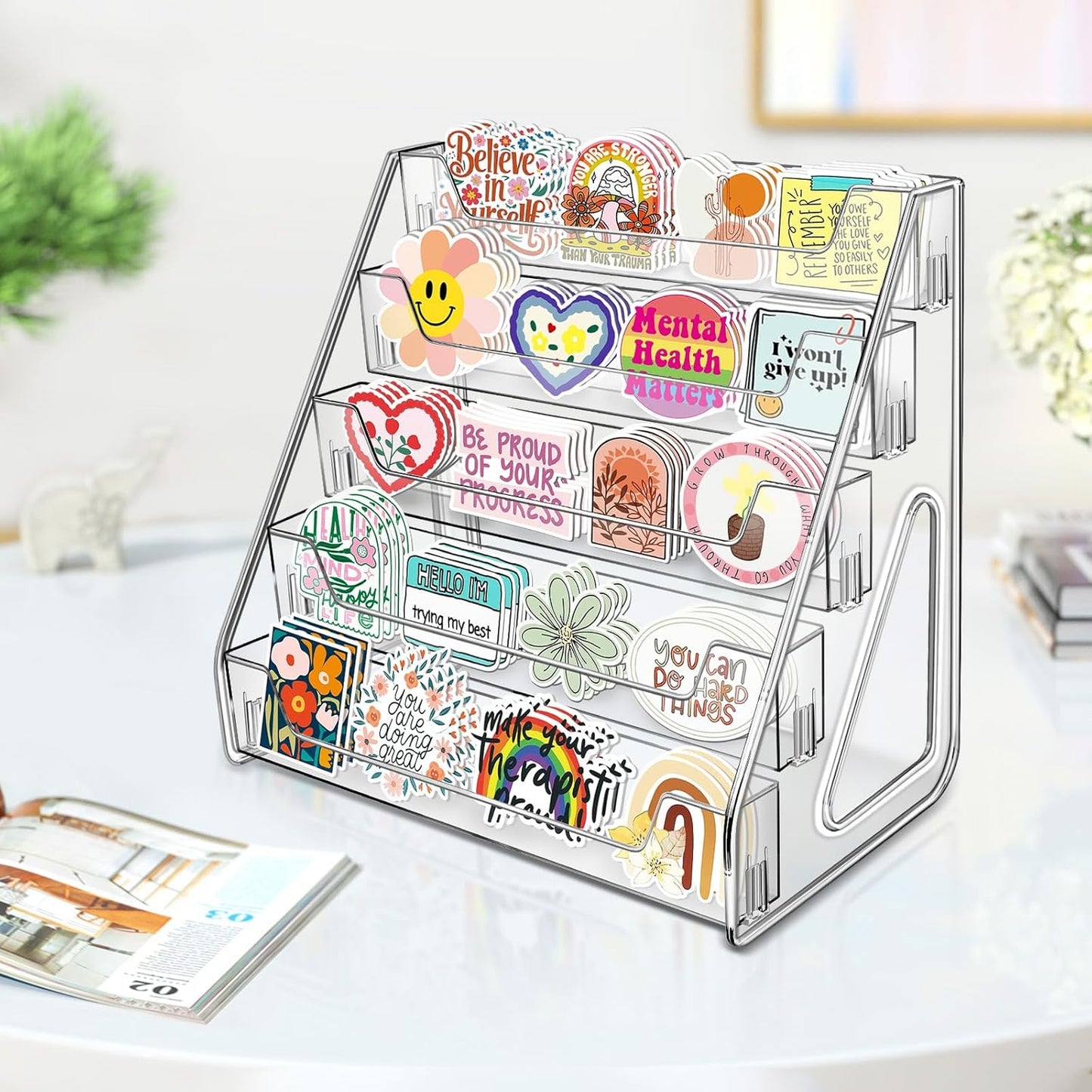 Tall 5-Tier Acrylic Card Display Stand for Greeting Cards, Sports Cards, Postcards, Stickers & Brochures, Easy Snap-On Sticker Display Rack