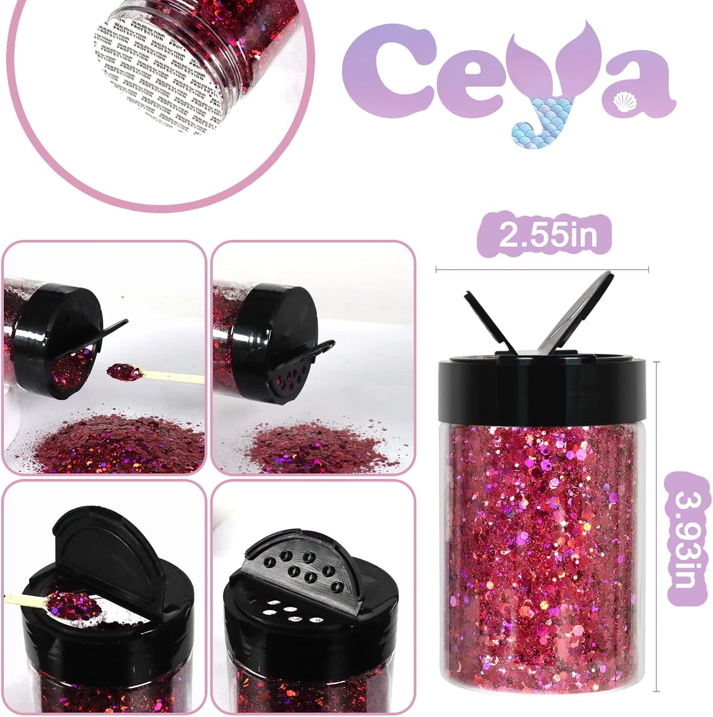 Ceya Holographic Chunky Glitter 4.9oz/ 140g Rose Red Craft Glitter Powder Mixed Chunky Fine Flakes Iridescent Nail Sequins Fe for Nail Art, Hair, Epoxy Resin, Tumblers, Slime, Painting, Festival Decor