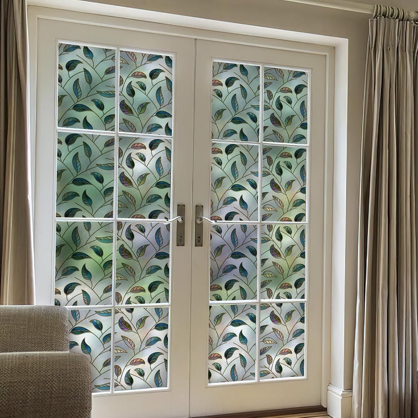 DKTIE Static Cling Decorative Window Film Vinyl Non Adhesive Privacy Film with Installation Kit, Multilayer UV Inkjet Technology, 3D Thickened Stained Film, Vintage Leaf Pattern, 17.7 x 78.7 Inches