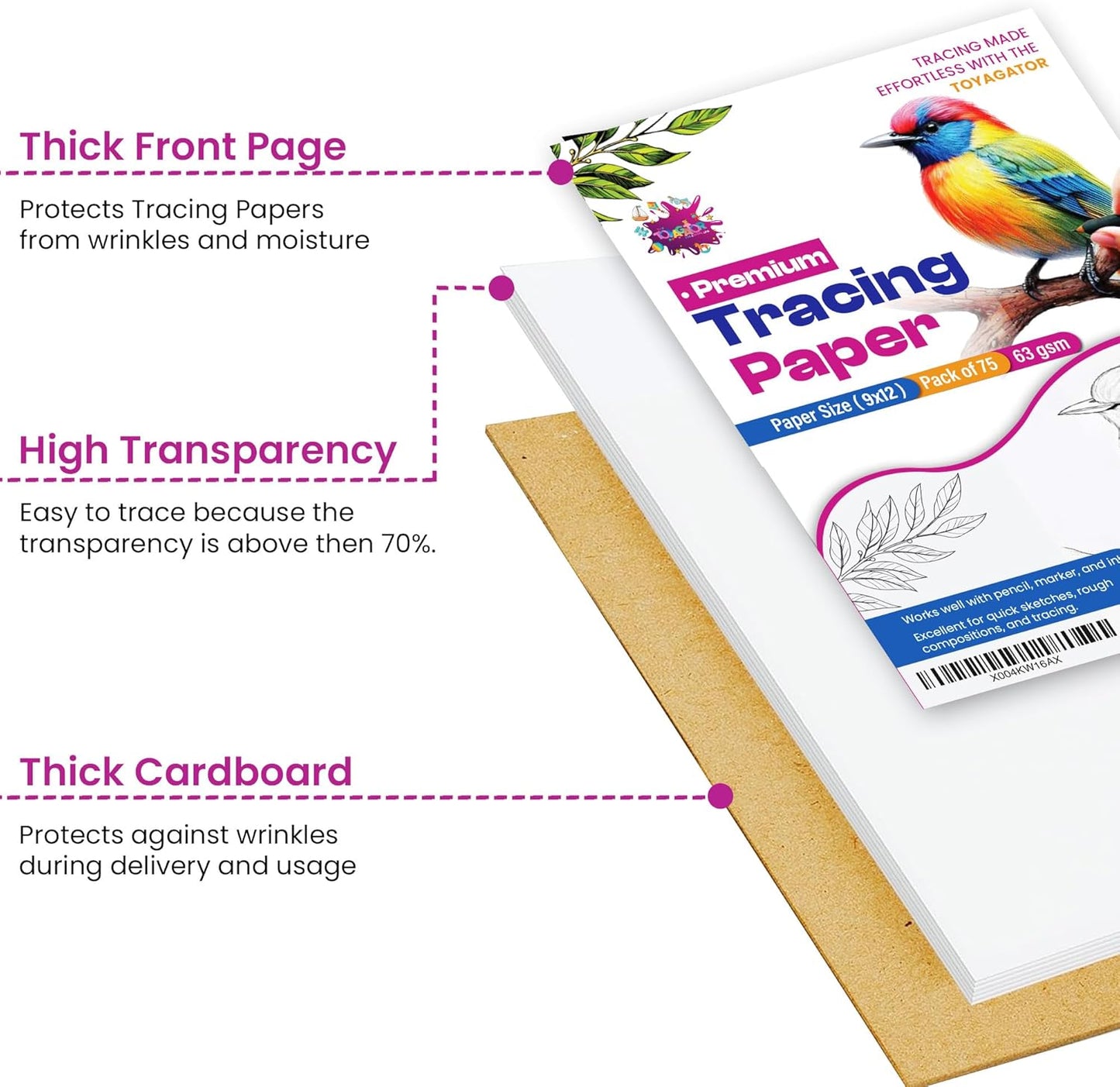 Tracing Paper 9 x 12 Inch - 75 Sheets 41lb/63gsm Transparent Vellum Paper for Sketching, Preliminary Drawing, Drafting & Overlays - Premium Translucent Tracing Paper for Pencil, Marker and Ink