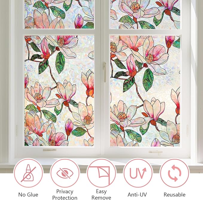 Kromapolis Window Privacy Film, Stained Glass Sticker Floral Window Clings, Decorative Static Clings UV Blocking Colorful Decals, Removable Vinyl Covering Rainbow Magnolia Flowers, 35.4'' x 78.7''