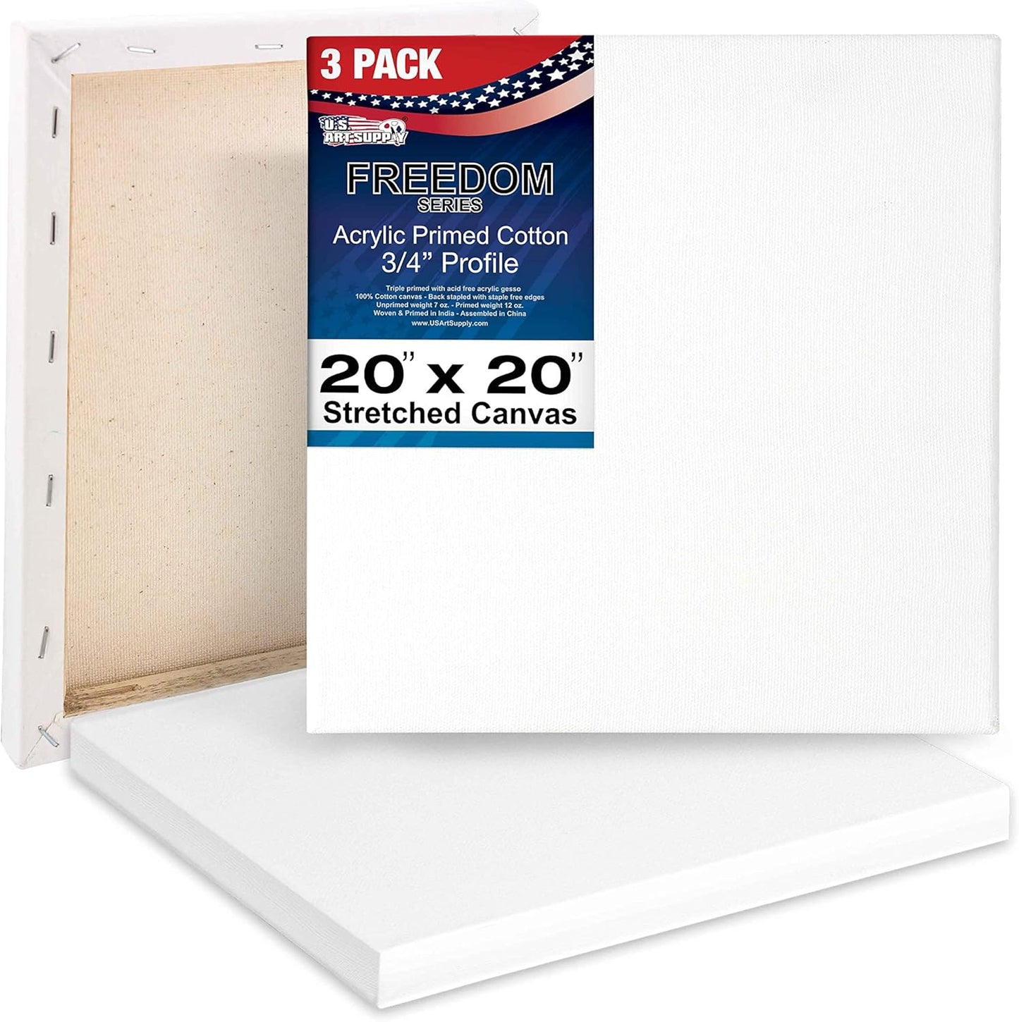 U.S. Art Supply 20 x 20 inch Stretched Canvas 12-Ounce Triple Primed, 3-Pack - Professional Artist Quality White Blank 3/4" Profile, 100% Cotton, Heavy-Weight Gesso - Acrylic Pouring, Oil Painting