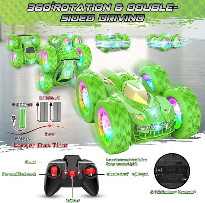 Remote Control Car for Kids, RC Stunt Cars Toys for Boys Ages 4-7 with Cool Double-Sided Pattern and LED Flash, 1:24 Vehicle Toy Car Hobby Racing Car Toys Gift for 3 4 5 6 7 8 9 Year Old Boys