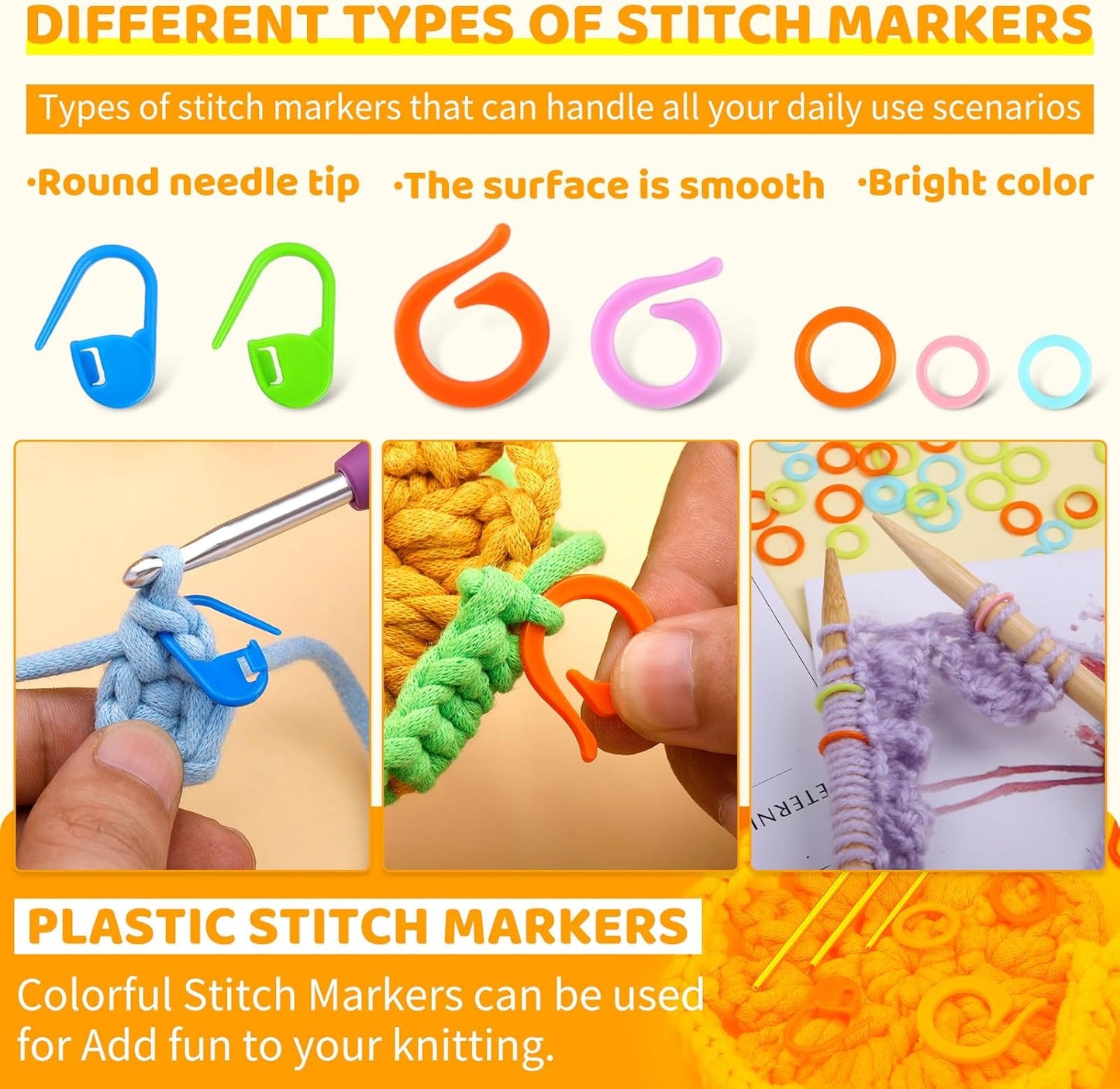 Yizzvb 263 Pcs Stitch Ring Markers, Knitting Stitch Rings with Plastic Box, 3 Types Knit Counting Ring Crochet Sewing Locking Accessories and 3 Pcs Large-Eye Blunt Needles for DIY Handmade Crafts