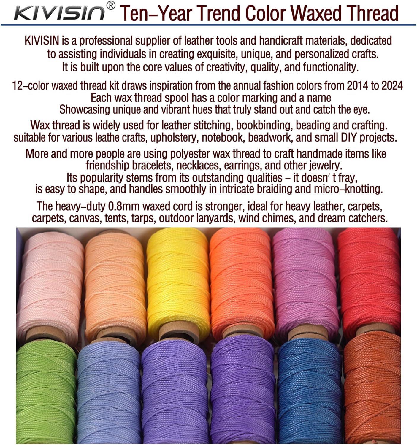 KIVISIN Trendy Color Waxed Thread 0.8mm, Heavy Duty Wax Polyester Cord 32 Yards String Spools Wax Coating for Bracelets Braiding, Micro Knotting, Sewing, Stitching, Book Binding, Micro Macrame Making