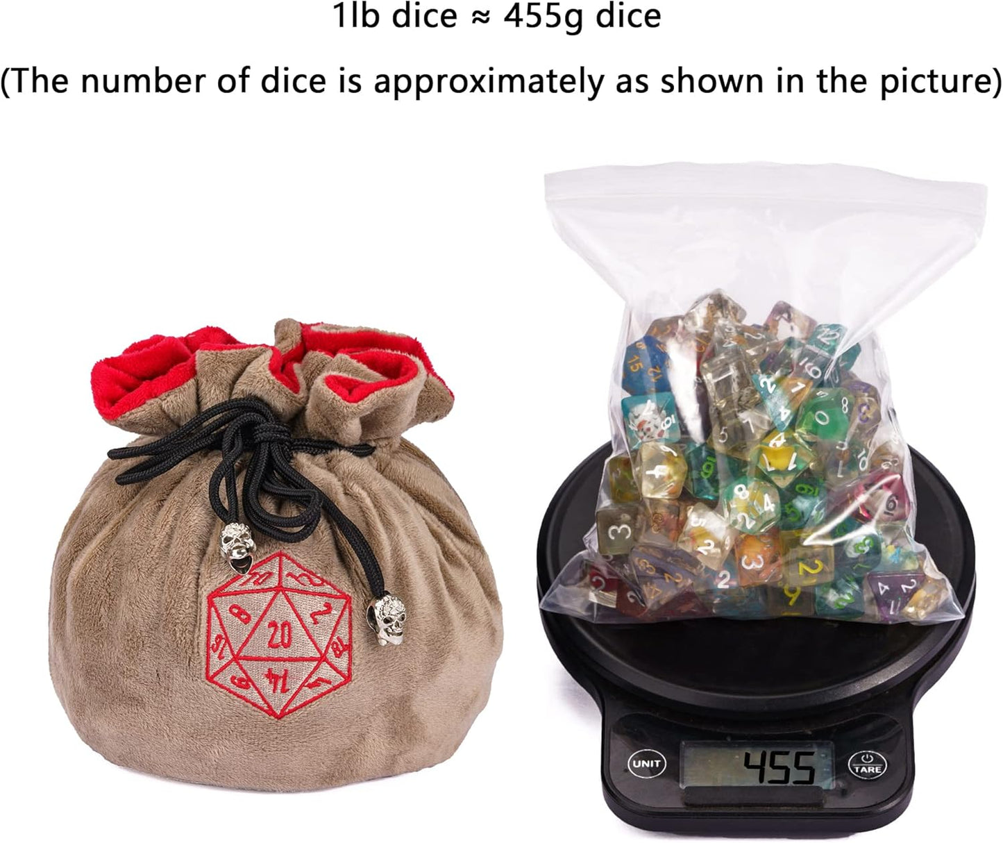 Large Dice Bags D&D with Pockets Khaki Storage Bag D20 Logo for DND RPG Game (with 1lb Random DND Dice)