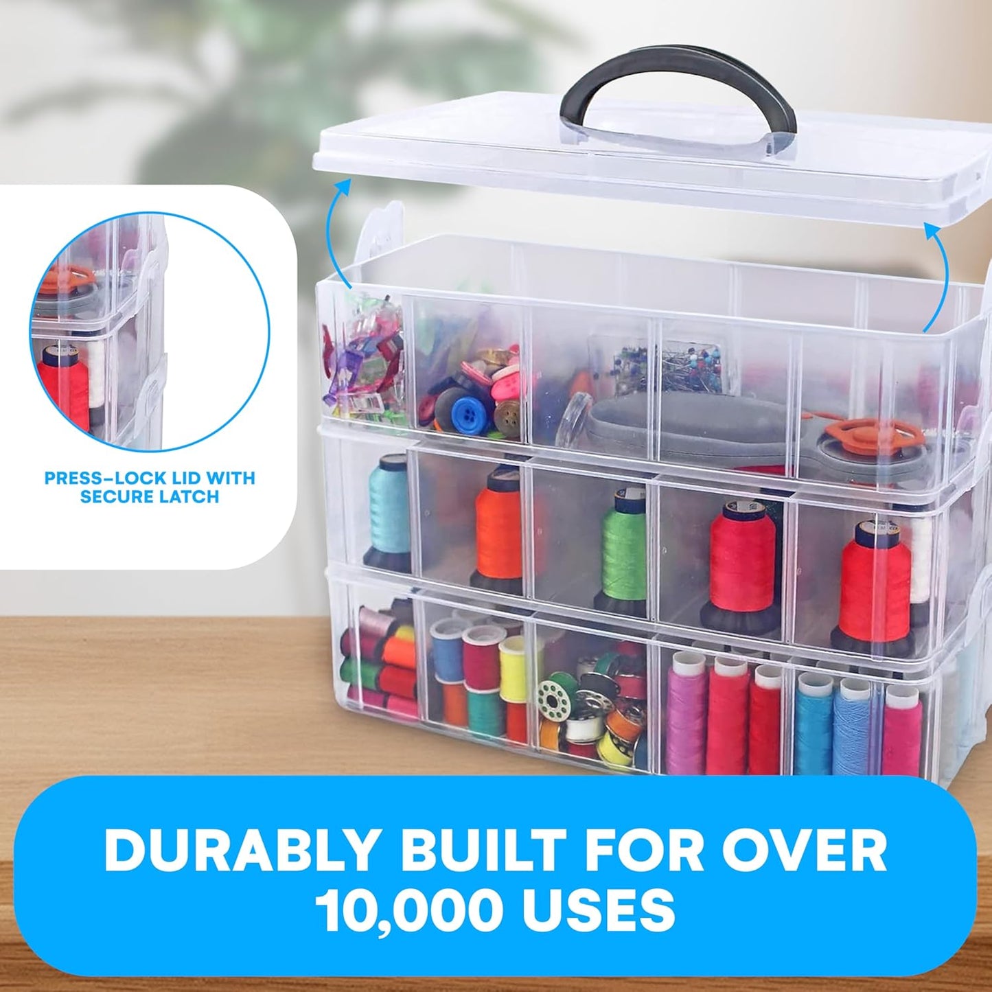 Bins & Things 3-Tier Stackable Storage Container - 30 Adjustable Slots Thread and Bead Organizer - Craft Box for Spools, Bobbins, Jewelry, Sewing, Art Supplies - Large, Clear