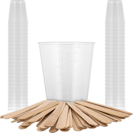 Pouring Masters 5 Oz (150 ml) Liquid Measuring Cups - Plastic Graduated Cup (50 Pack) with 25 Sticks - Reusable Mixing Cups for Paint, Craft, Kitchen, Lab, Medical Supplies, Epoxy Resin, Art