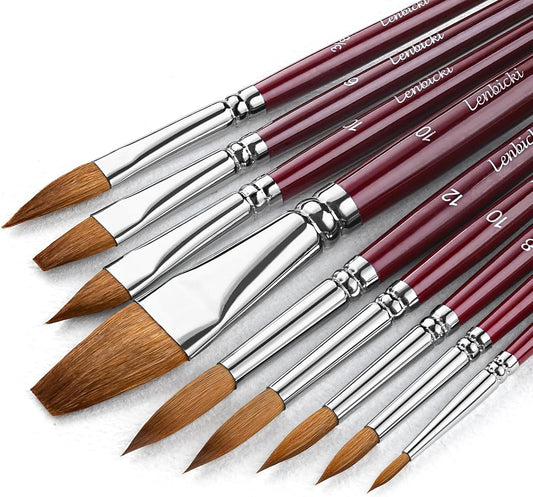 Sable Paint Brushes Professional Watercolor Paintbrushes Set for Artists 9pcs, Ideal for Watercolor, Acrylic, Includes Round Pointed, Flat, Cat's Tongue