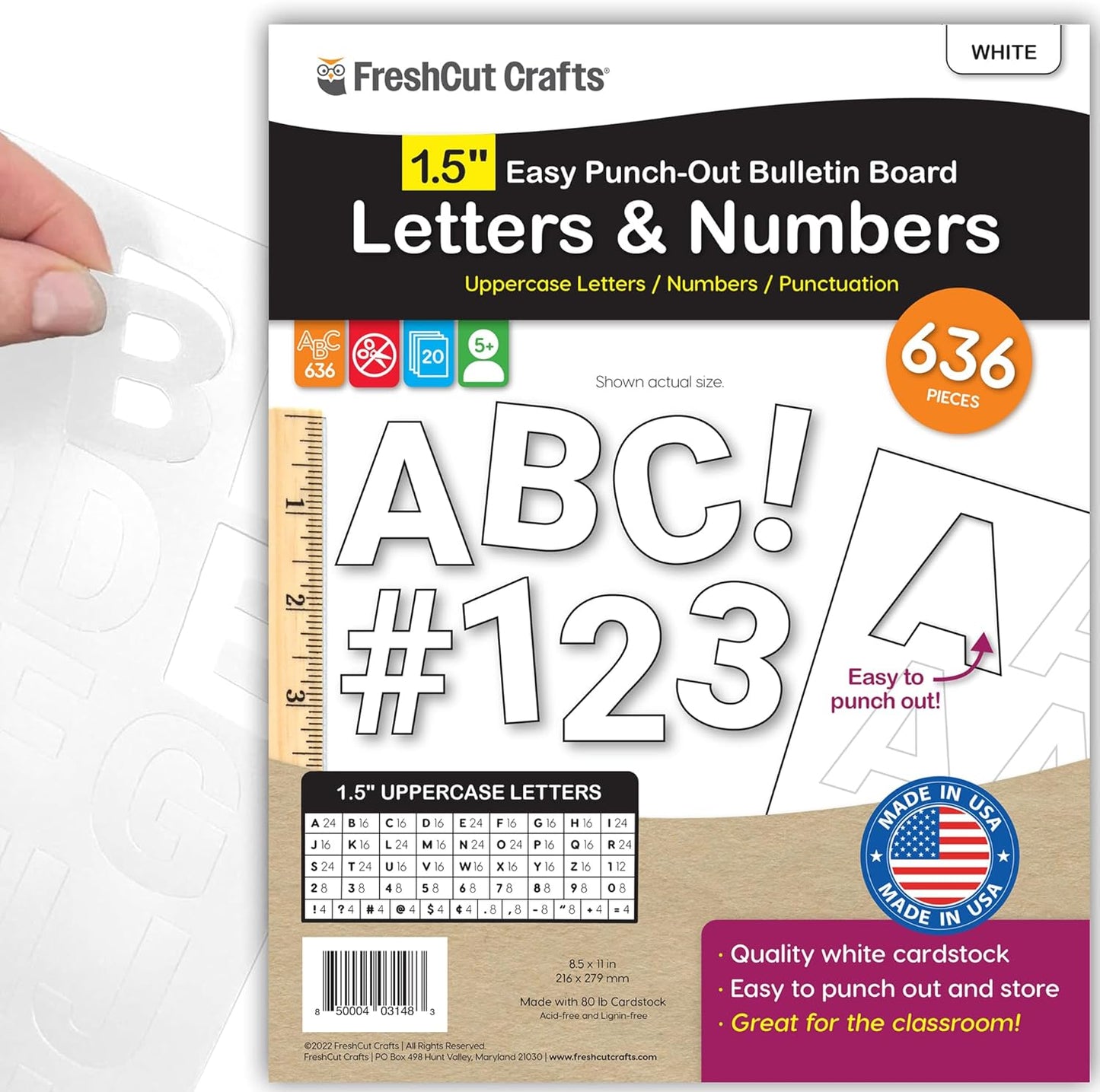 FreshCut Crafts 636 Pcs 1.5 in. White Bulletin Board Letters & Numbers, Capital Alphabet Letters, Numbers, Punctuation, US Made Card Stock Punch Out Letters for Posters, Bulletin Boards, Classroom