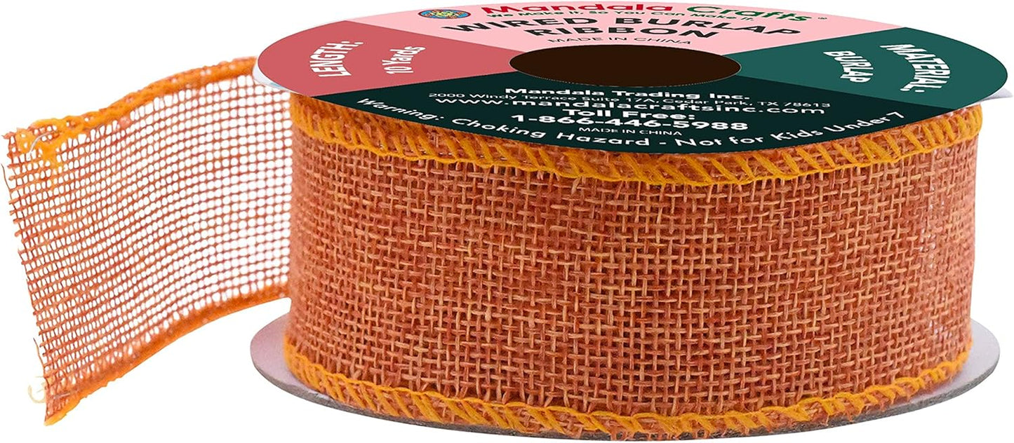Mandala Crafts Orange Burlap Wired Ribbon 1.5 Inches Wide Jute Ribbons for Crafts - 10 Yds Roll Rustic Burlap Wrap Trim Ribbons for Wreaths Bows Party Decoration