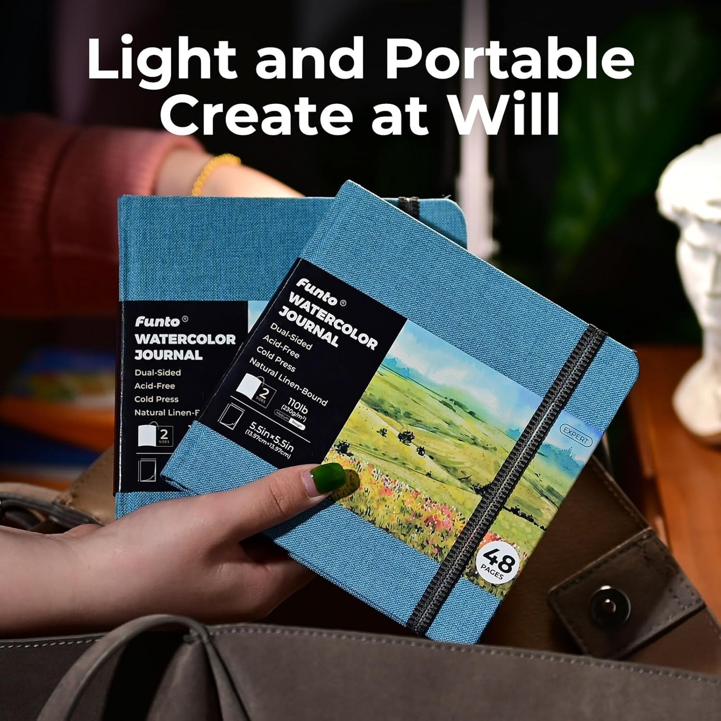 Funto Watercolor Journal, Square, 5.5x5.5, Portable 2-Pack, 48 Pages Each, Blue Cover, 110lb/230gsm, Art Supplies for Mixed Media