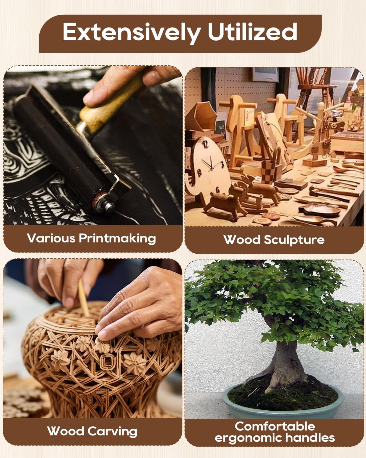 UCEC 12 Pack Linocut Wood Carving Tools Set Linoleum Hand Wood Carving Kit Whittling Knives V-chisel Angled Gouge Half Round Woodcarving Tools Set Whittling Kit for Linocut Printmaking Supplies Gift