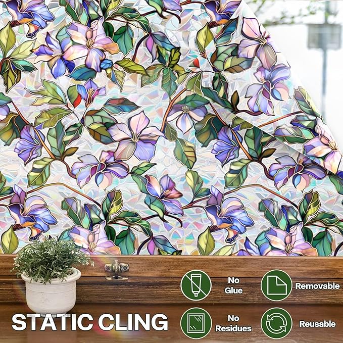 Purple Flower Window Privacy Films, Stained Glass Rainbow Floral Window Sticker Decor, Sun Blocking Removable Static Cling Film for Bathroom Living Room Bedroom Sunroof, 17 x 39.37 Inch
