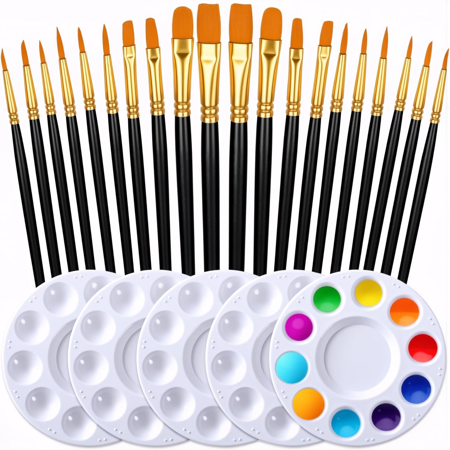 Halloween Paint Brushes Palettes Set by DUGATO, 2 Packs/20pcs Round Pointed Tip Nylon Hair Brushes with 5 Paint Trays for Acrylic Watercolor Oil Gouache Tempera and Body Painting (Black)