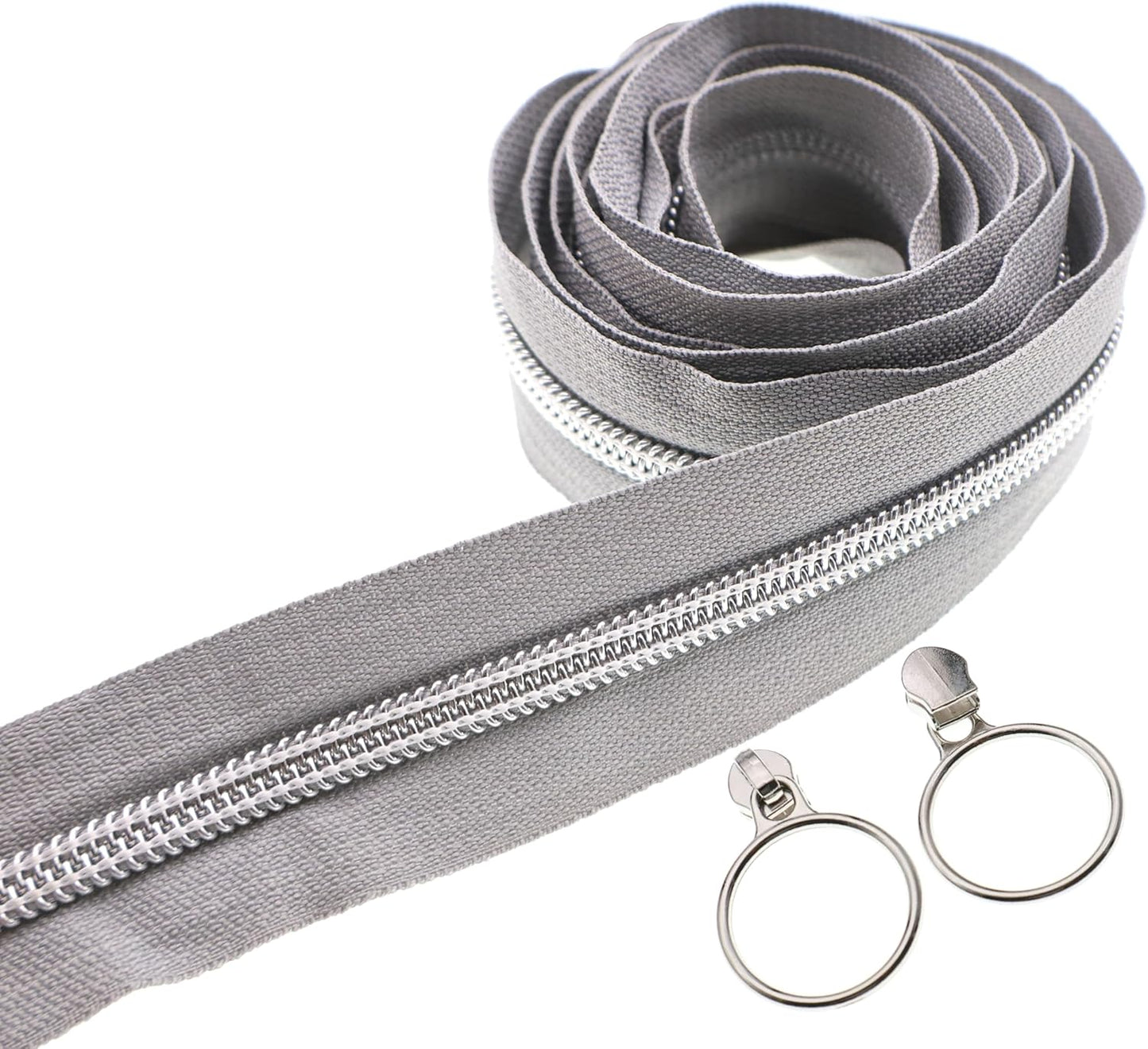 Leekayer #5 Silver Metallic Nylon Coil Zippers by The Yard Bulk 10 Yards Gray Zipper Tape with 25pcs Silver Ring Pull Zipper Sliders for DIY Sewing Tailor Craft Bag(Gray)