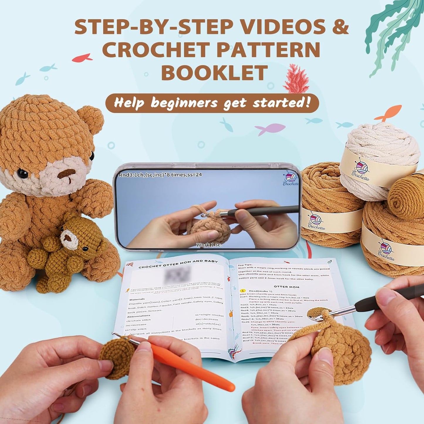 Crochetta Crochet Kit for Beginners, Crochet Starter Kit w Step-by-Step Video Tutorials, Beginner Crochet Kit for Adults Kids Women Men Complete Kit Included (Otter Mom and Baby)
