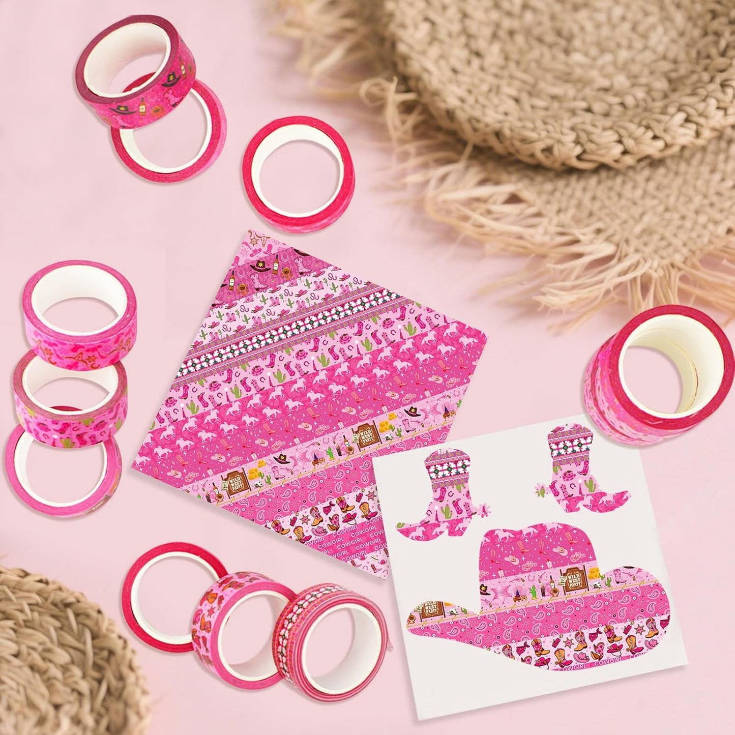 12 Rolls Western Washi Tape, Pink Wild West Masking Tapes, Western Cowboy Cowgirl Decorative Paper Stickers for Scrapbook Journal DIY Art Crafts Wrapping Birthday Party Supplies 16.4FT