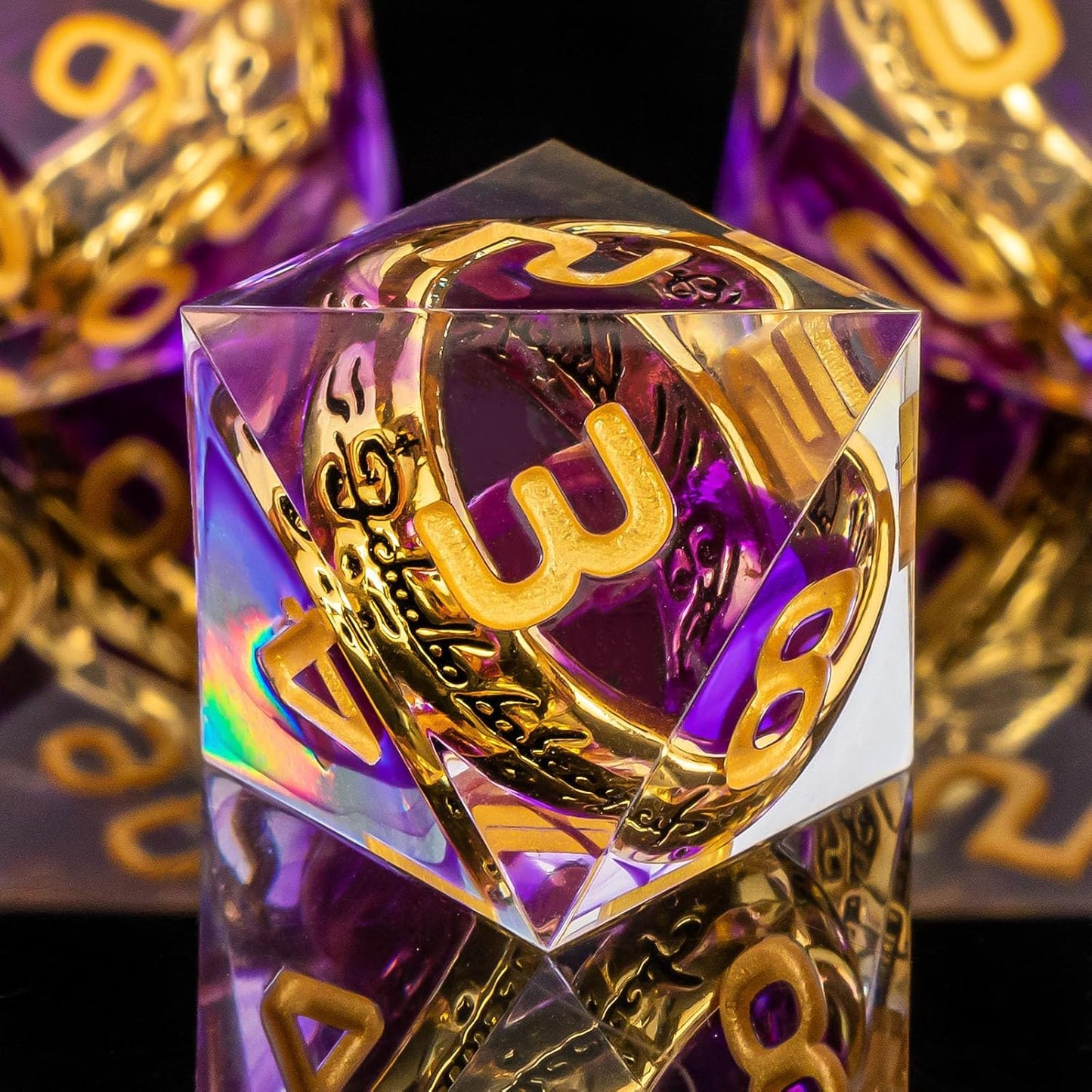 OUKELANWO Magic Lord Rings DND Dice Set with Box, 7Pcs Resin LOTR D&D Dice Set for Role Playing Game, Purple Gold Dungeons Dragons D and D Sharp Edge Dice D20 D12 D10 D8 D6 D4