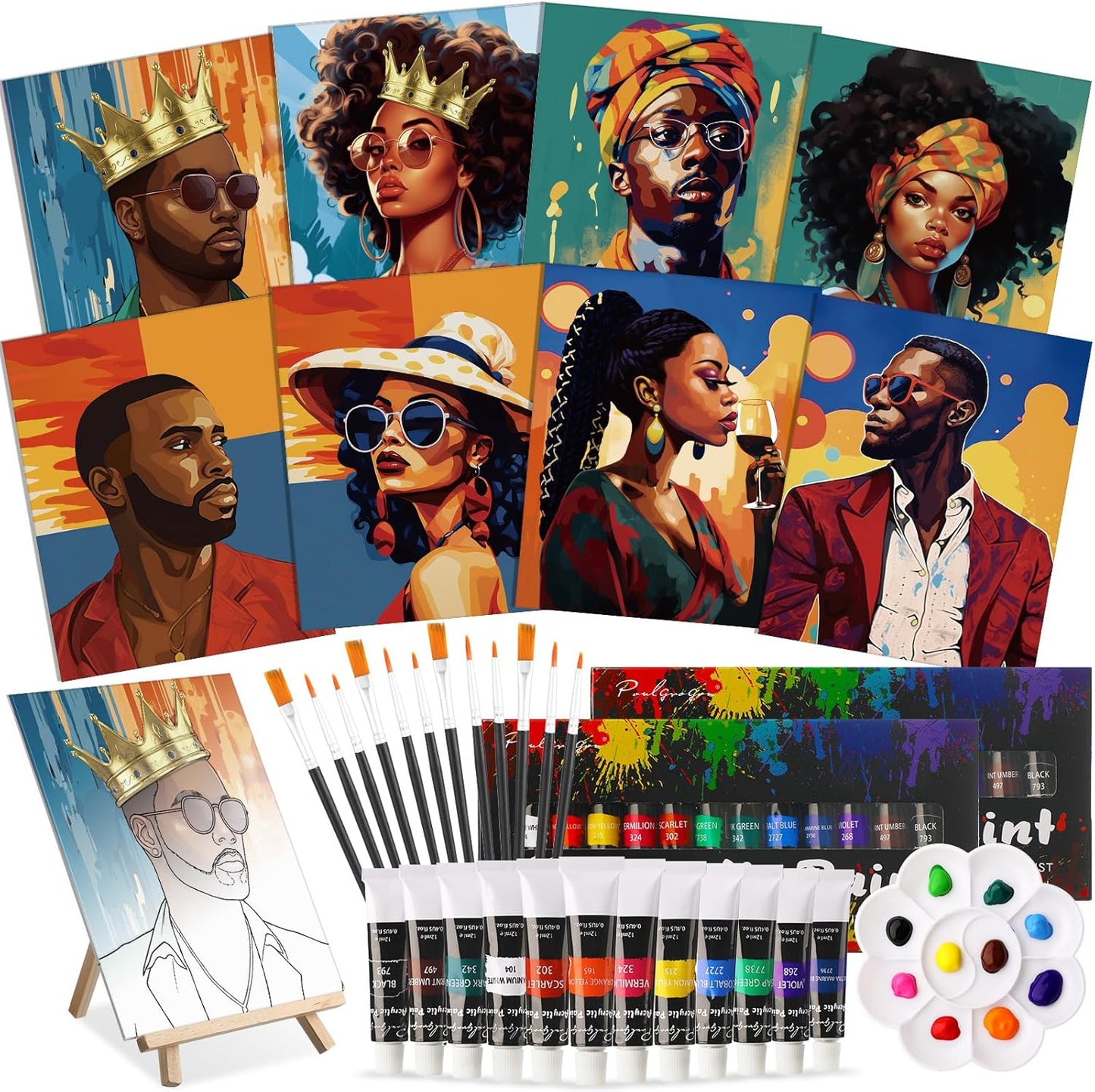 Cholemy 36 Pcs Paint and Sip Kit for Adults 8''x10'' Pre Drawn Canvas for Painting DIY Afro Acrylic Painting Kit Wood Easel Brushes Date Night Bulk for Christmas Party Gifts(Black Women)