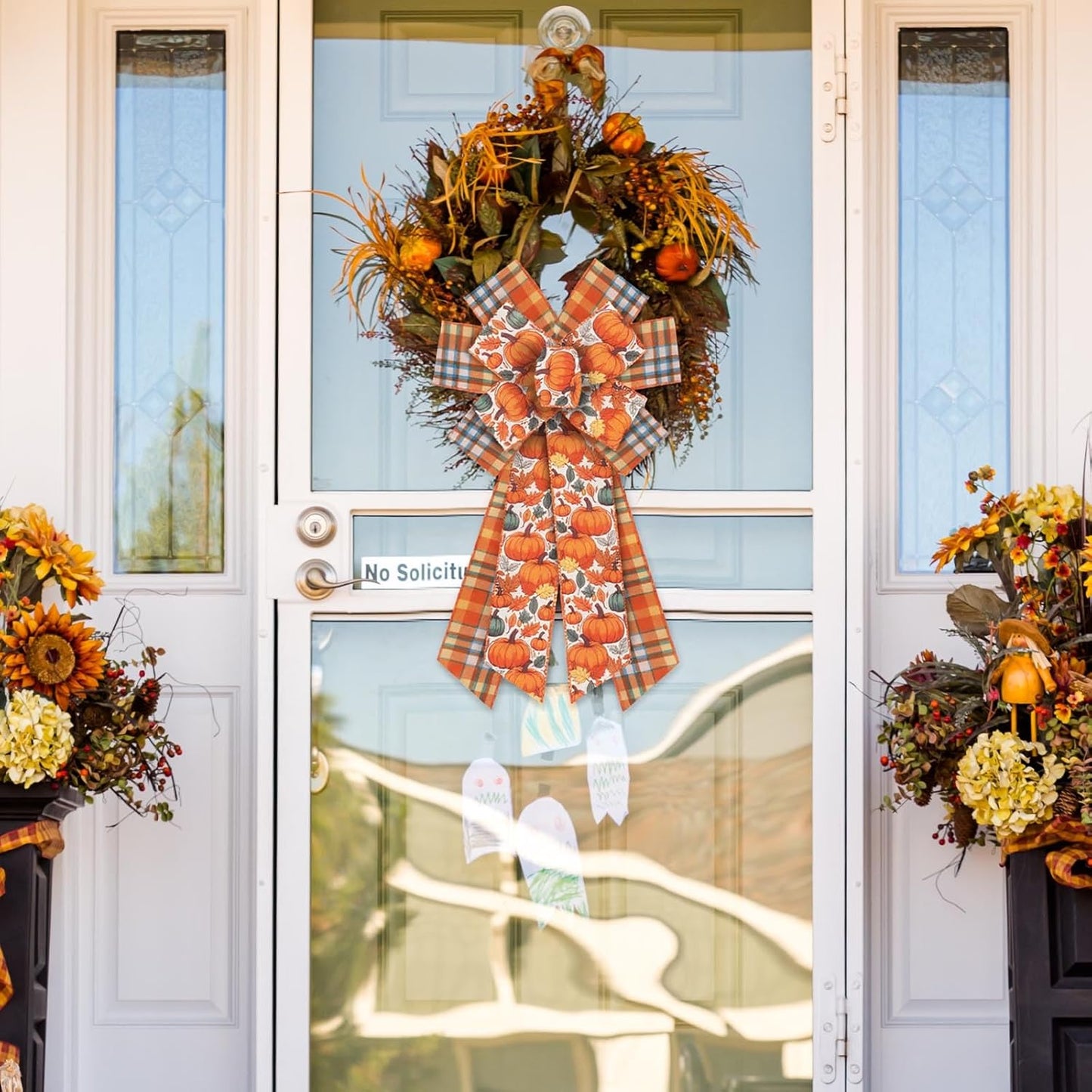 2 Rolls Fall Pumpkins Ribbons for Bows, Thanksgiving Wired Edge Burlap Ribbon Autumn Maple Leaves Plaid Ribbons for Gift Wrapping Thanksgiving Decoration Supplies