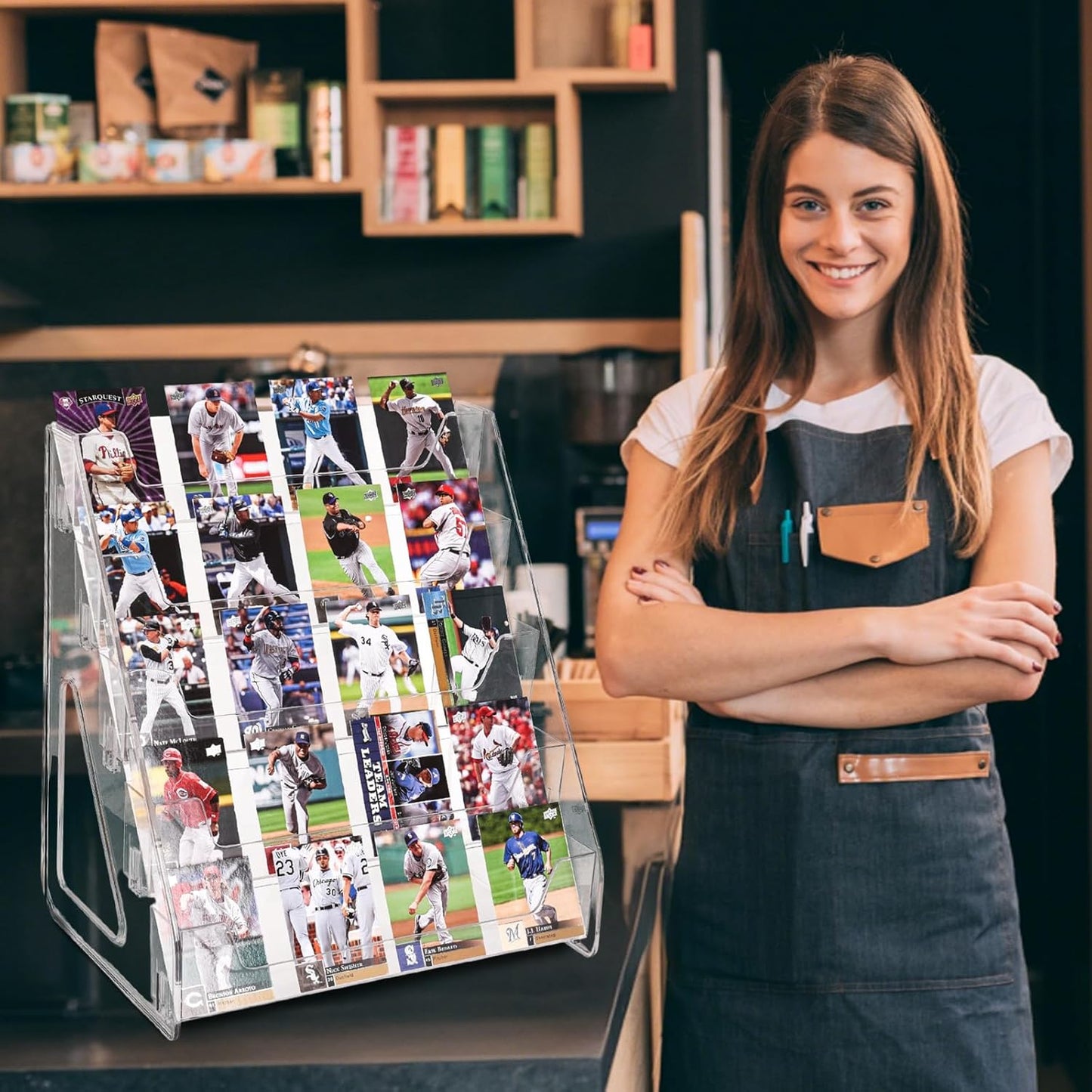 Upgraded 5 Tier Acrylic Card Display Stand, Clear Display for Greeting Cards, Sports Cards, Postcards, Stickers & Brochures, Easy Snap-On, Increased Height & Thickness for Better Presentation