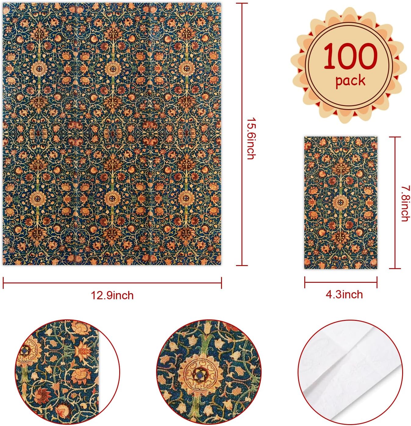 100 Pack William Morris Guest Napkins Vintage Floral Blue Paper Napkins Disposable Paper Hand Towels Dinner Baby Shower Party Supplies Decorative Napkins - 4.3 X 7.8 Inches