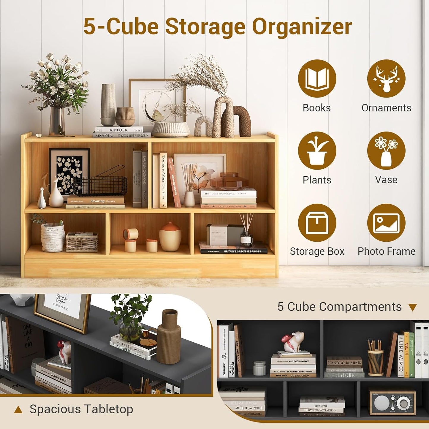 LOKO 2 Tier 5 Cube Bookcase, Open Shelf Storage Cabinet, Wooden Display Cabinet Shelf, Multipurpose Bookshelf for Living Room, Bedroom, Hallway, Home Office, Classroom (Yellow)