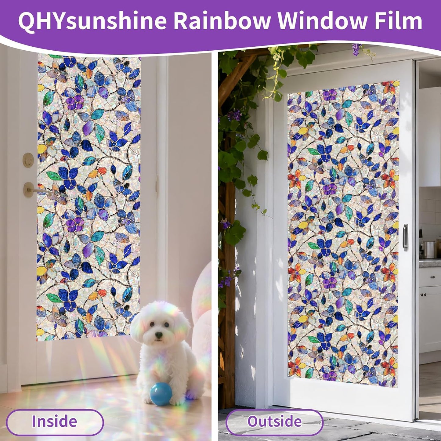 Window Privacy Film Stain Glass Window Film Rainbow Window Film Window clings Non-Adhesive Reusable Decorative for Room (Purple Rainbow, 45.2 X 78.7 in)