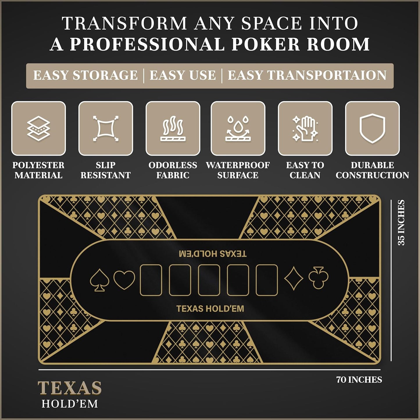 Poker Table Top - Foldable 70" x 35" Texas Hold'em Poker Mat with Non-Slip Backing and Zipper Carrying Bag - Waterproof and Portable Casino Table Topper Card Mat for Home Game Nights Up to 10 Players