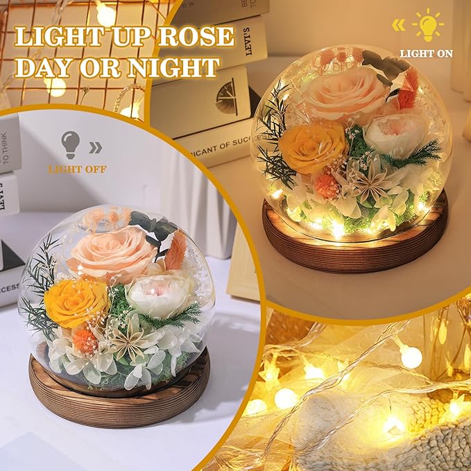 FIACO Valentines Gifts for Her Preserved Flowers in Glass Dome Long-Lasting Eternal Roses Birthday Gifts for Women Mom Grandma Wife Girlfriend Forever Flowers for Delivery Prime