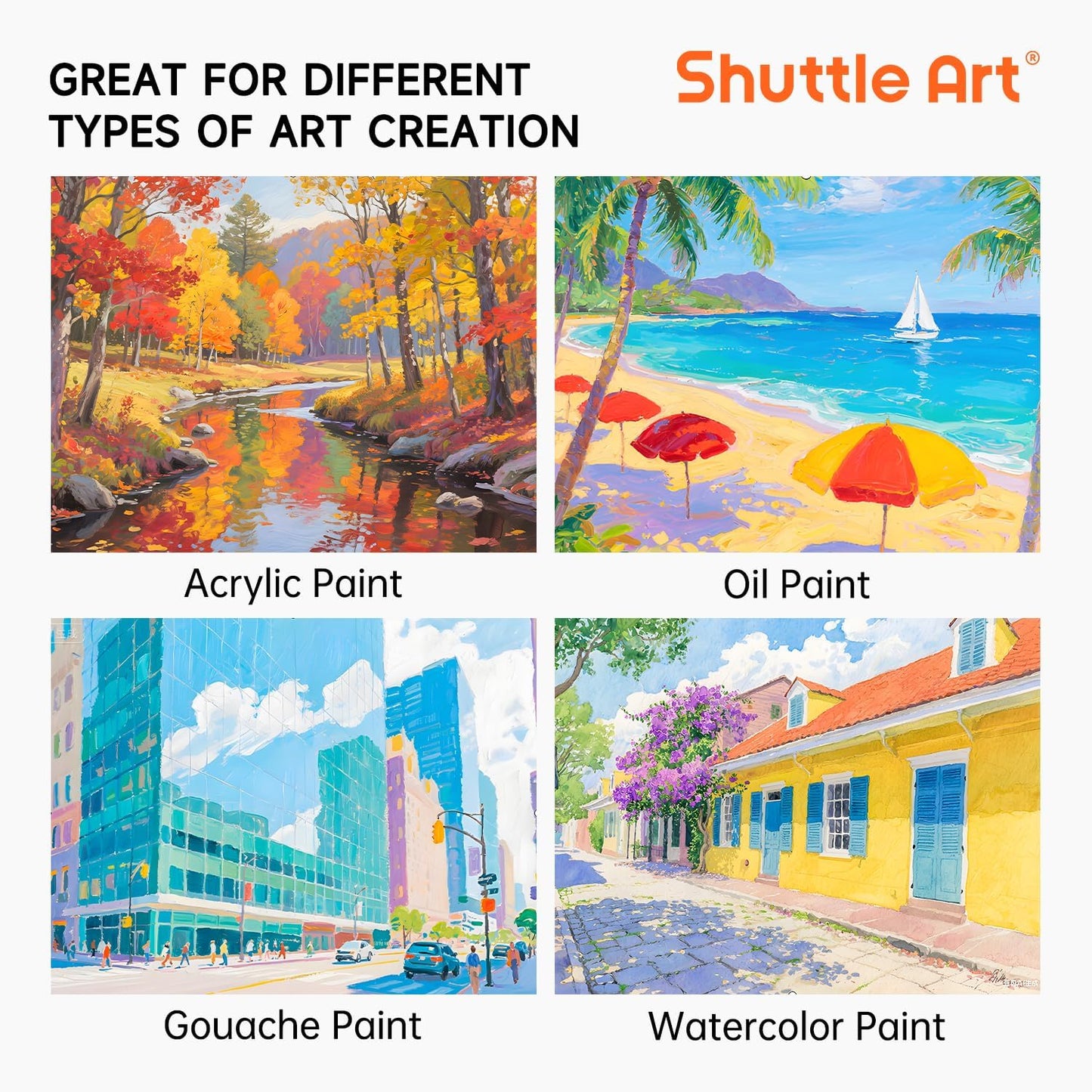 Shuttle Art Painting Canvas Panel, 52 Multi Pack, 5x5, 6x6, 8x8, 10x10 inch (13 PCS of Each), 100% Cotton Art Canvas Board Primed White, Blank Canvas for Kids Adults for Acrylic Oil Painting