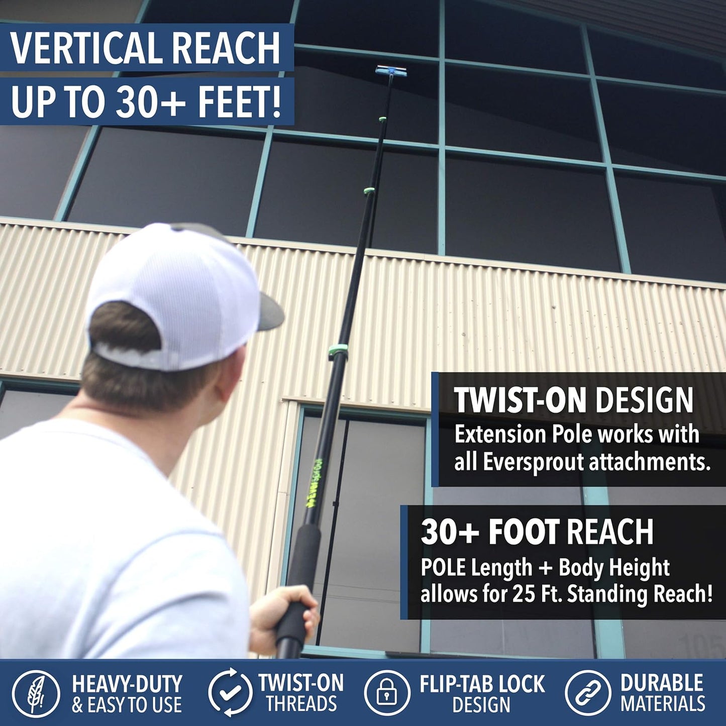 EVERSPROUT 7-to-24 Foot Telescopic Extension Pole (30 Foot Reach) | Heavy-Duty Sturdy Aluminum | Easy Flip-Tab Lock Mechanism | Twist-On Metal Tip Works for Squeegee, Duster, Paint Roller (Pole only)