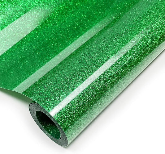 Christmas Green Glitter HTV Heat Transfer Vinyl, 12" x 8ft lron on Vinyl, for T-Shirt Ironing, Vinyl HTV Easy to Cut and Weed, The Best Choice for DIY Creativity. (Greener, 12" x 8ft)