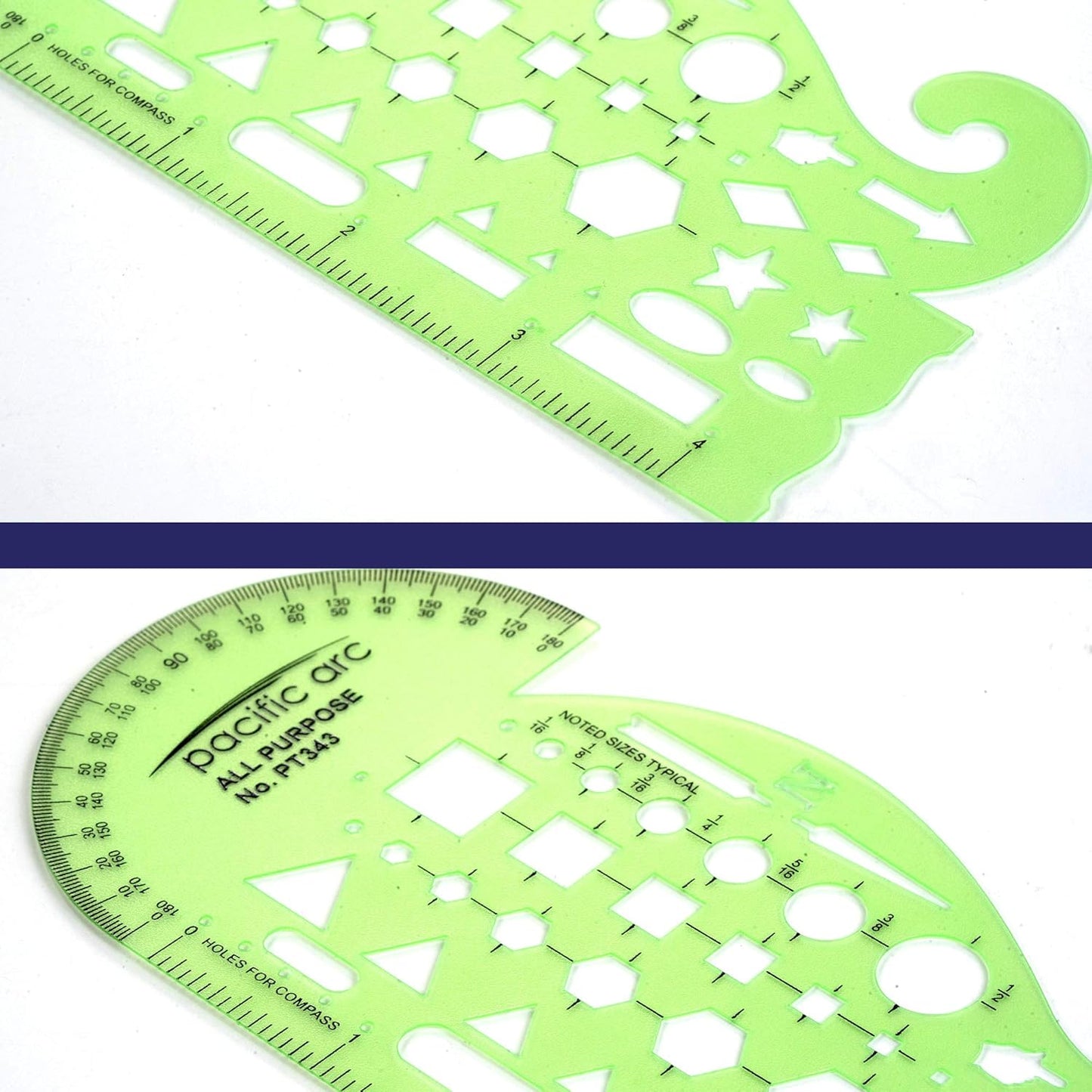 Pacific Arc All Purpose Template Guide, Featuring A Protractor, 4 Inch Ruler, French Curves, and Standard Shapes