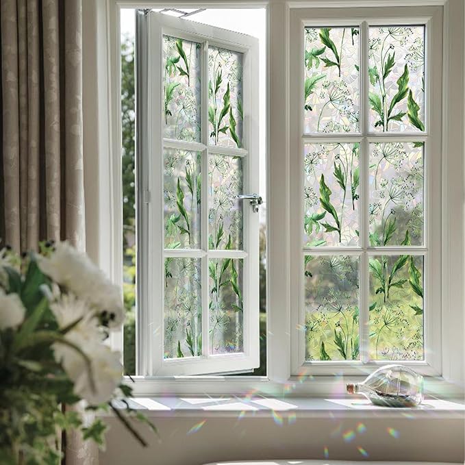 Rainbow Watercolor Green Leaves Window Film, Privacy Iridescent Static Cling Double-Sided Decals for Window Door Glass Decor, Wild Grass, 118.11" x 20.87"