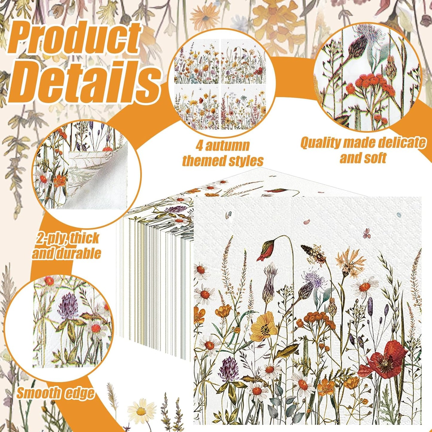 Fulmoon 200 Pieces Fall Floral Cocktail Napkins Disposable Autumn Flower Decoupage Paper Napkins Wildflower Beverage Towel for Thanksgiving Day Fall Party Favor Supplies