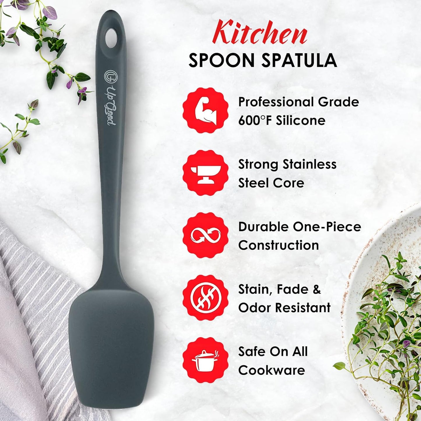 Silicone Spoon Spatula - 600ºF Heat-Resistant Non-Stick Rubber Spoonula | Use as Silicone Kitchen Scraper Utensil - Baking and Cooking Strong Stainless Steel Core | UpGood Kitchen Utensils, (Grey)