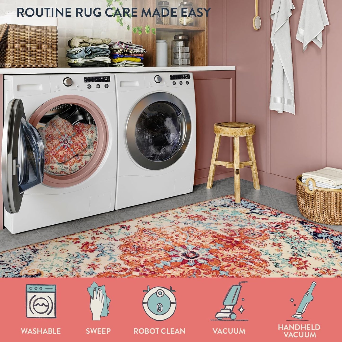 Lahome Bohemian Floral Medallion Round Rug - 3Ft Oriental Distressed Small Round Area Rug Vintage Washable Entryway Foyer Mat Non-Slip Non-Shedding Low-Pile Sofa Bathroom Carpet, Orange/Multi