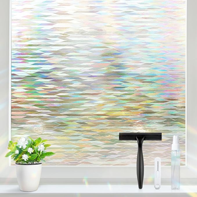 rabbitgoo Window Privacy Film with Installation Tools, Stained Glass Window Film Rainbow Prism Decorative Glass Clings for Home Decor, Static Cling Covering Sun Blocking, 35.4" x 157.4"
